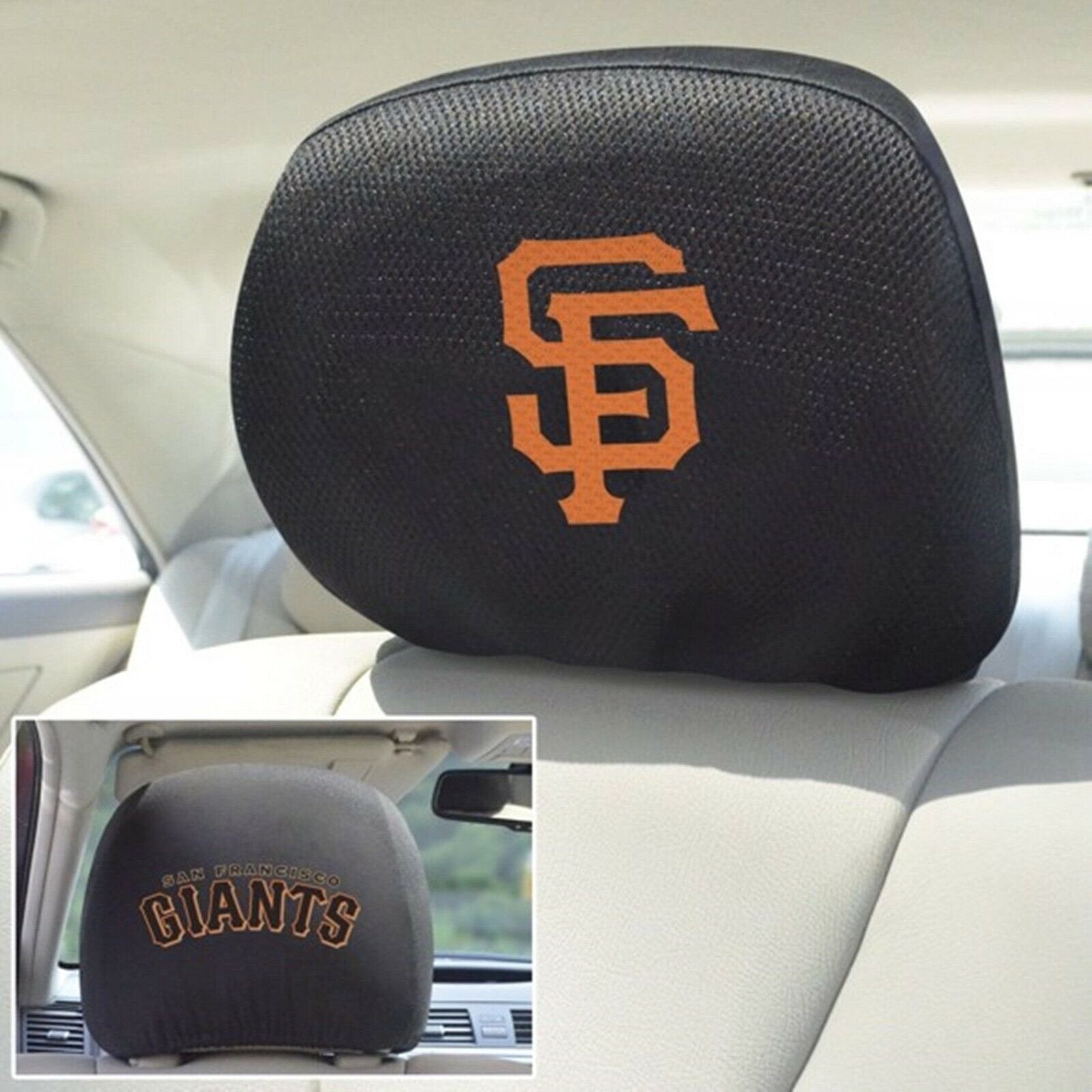 San Francisco Giants Pair of Premium Auto Head Rest Covers, Embroidered, Black Elastic, 14x10 Inch