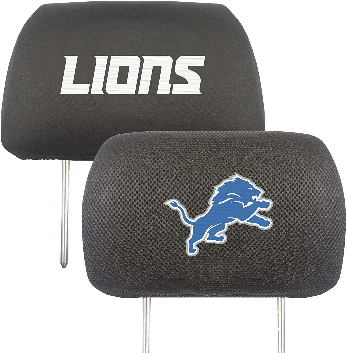Detroit Lions Pair of Premium Auto Head Rest Covers, Embroidered, Black Elastic, 14x10 Inch