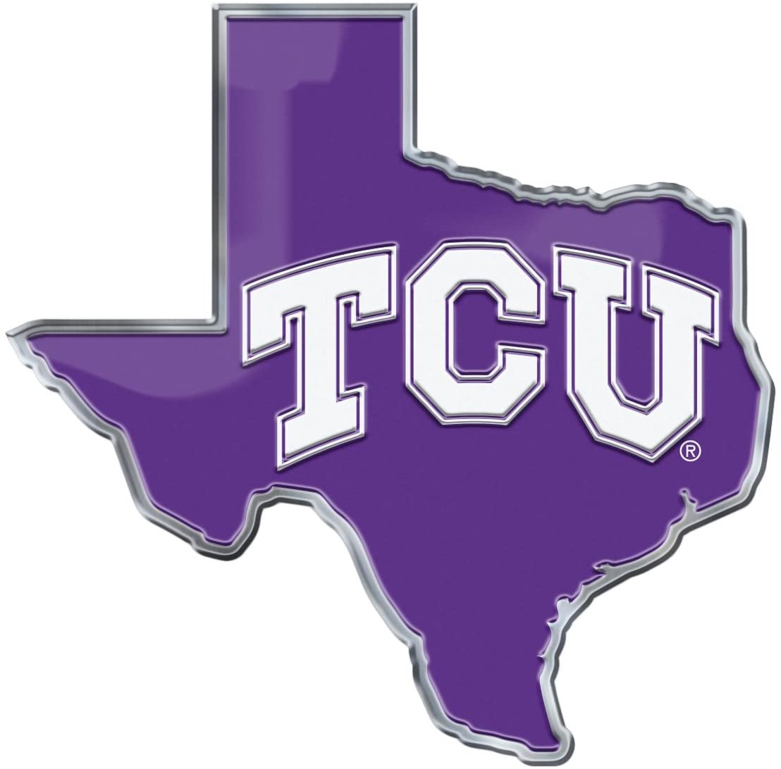 Texas Christian University TCU Horned Frogs Team State Design Auto Emblem, Aluminum Metal, Embossed Team Color, Raised Decal Sticker, Full Adhesive Backing