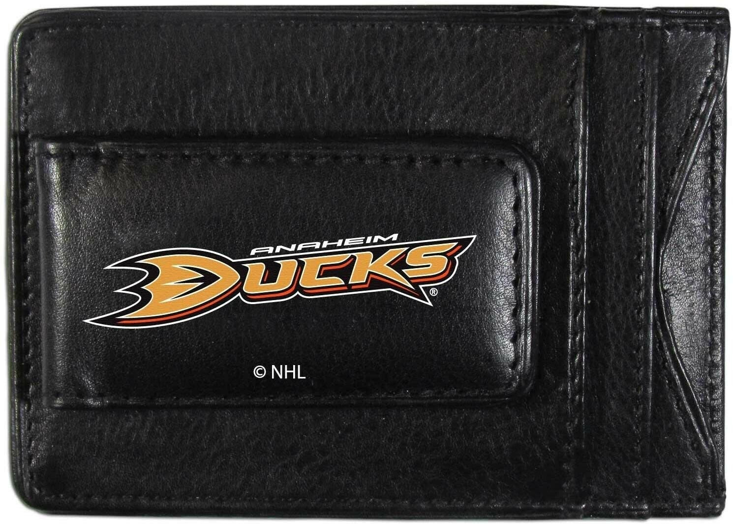 Anaheim Ducks Black Leather Wallet, Front Pocket Magnetic Money Clip, Printed Logo