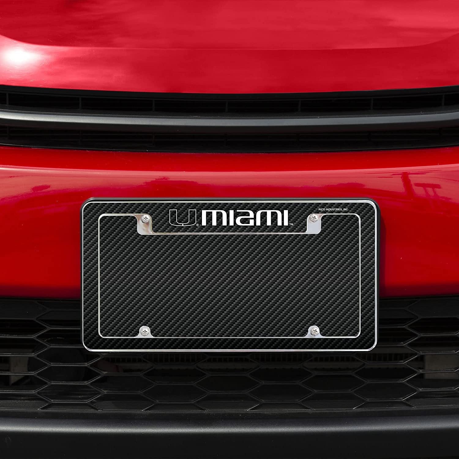 University of Miami Hurricanes Metal License Plate Frame Chrome Tag Cover Carbon Fiber Design