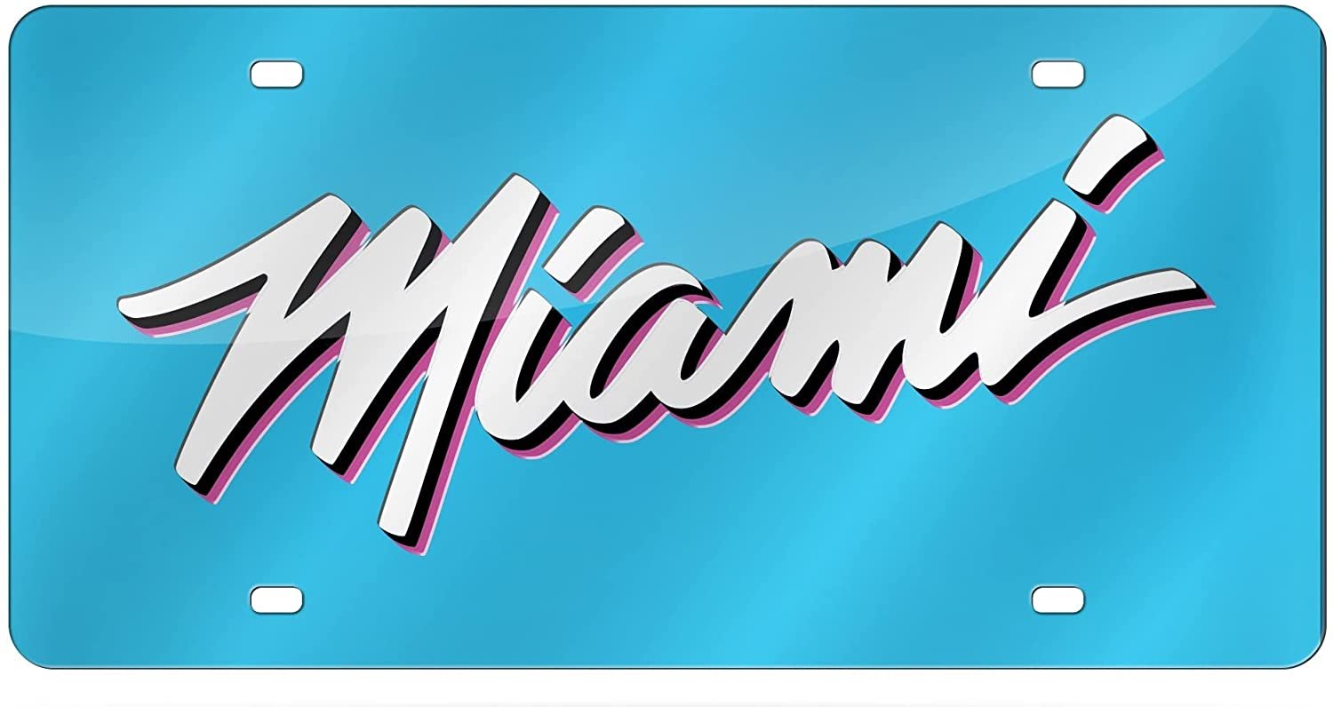 Miami Heat Premium Laser Cut Tag License Plate, City Lights, Mirrored Acrylic Inlaid, 12x6 Inch