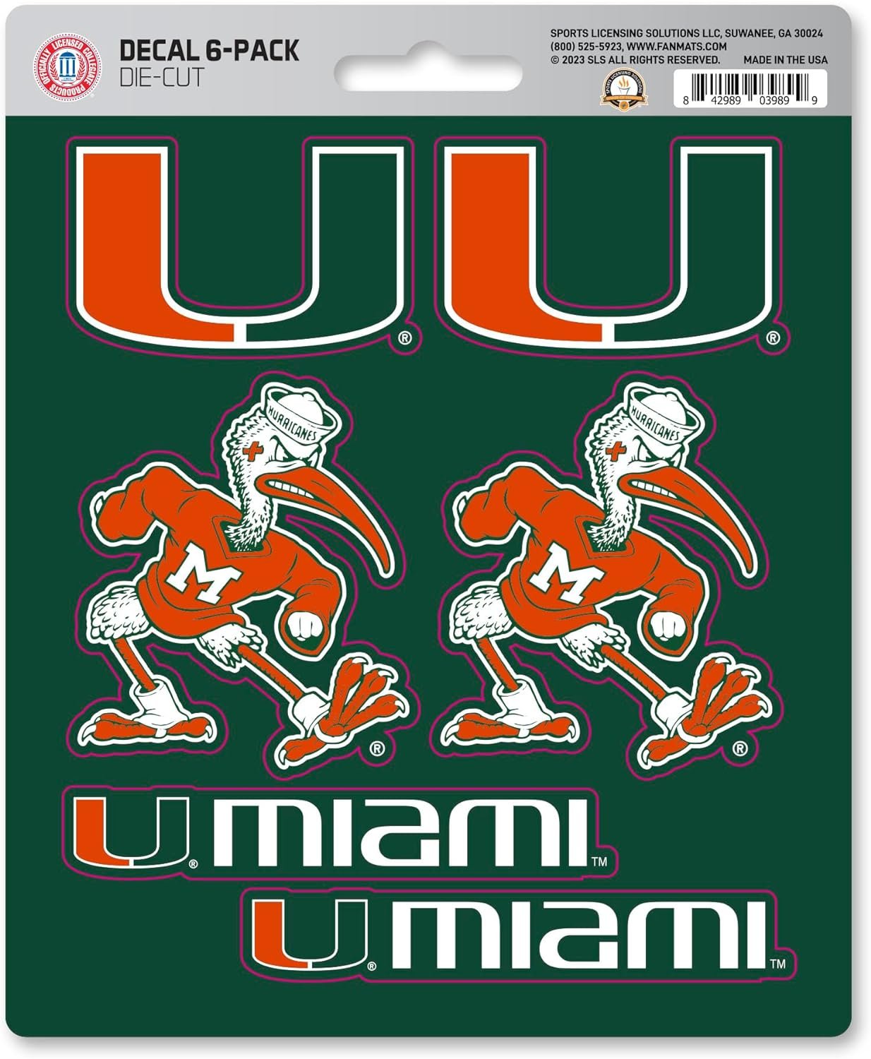 University of Miami Hurricanes 6-Piece Decal Sticker Set, 5x6 Inch Sheet, Gift for football fans for any hard surfaces around home, automotive, personal items