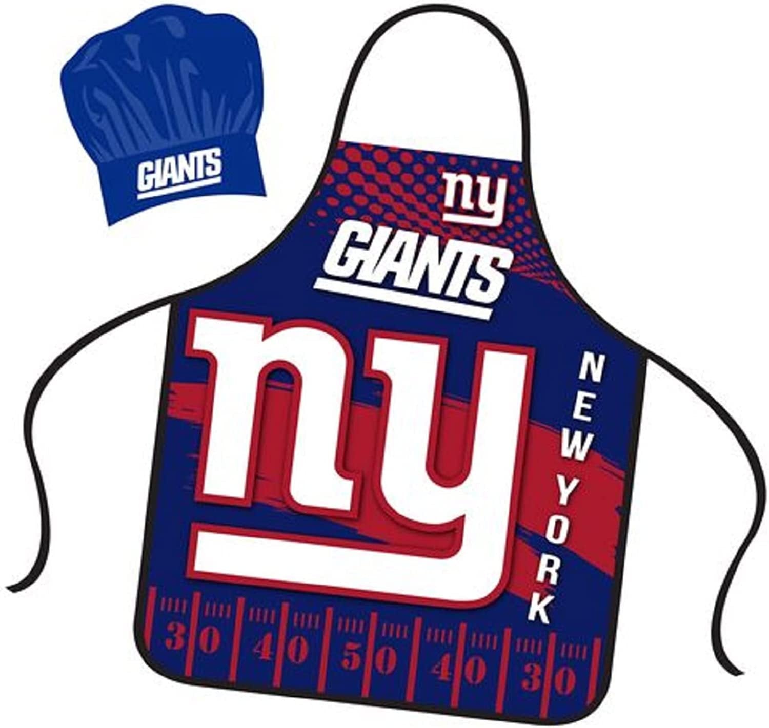 New York Giants Apron Chef Hat Set Full Color Universal Size Tie Back Grilling Tailgate BBQ Cooking Host