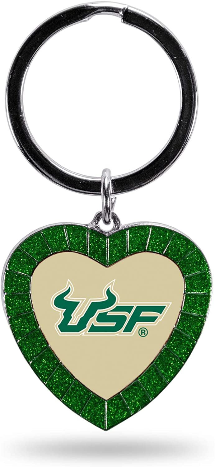 University of South Florida Bulls USF Keychain Rhinestone Heart Colored, Green, 3-inches in length