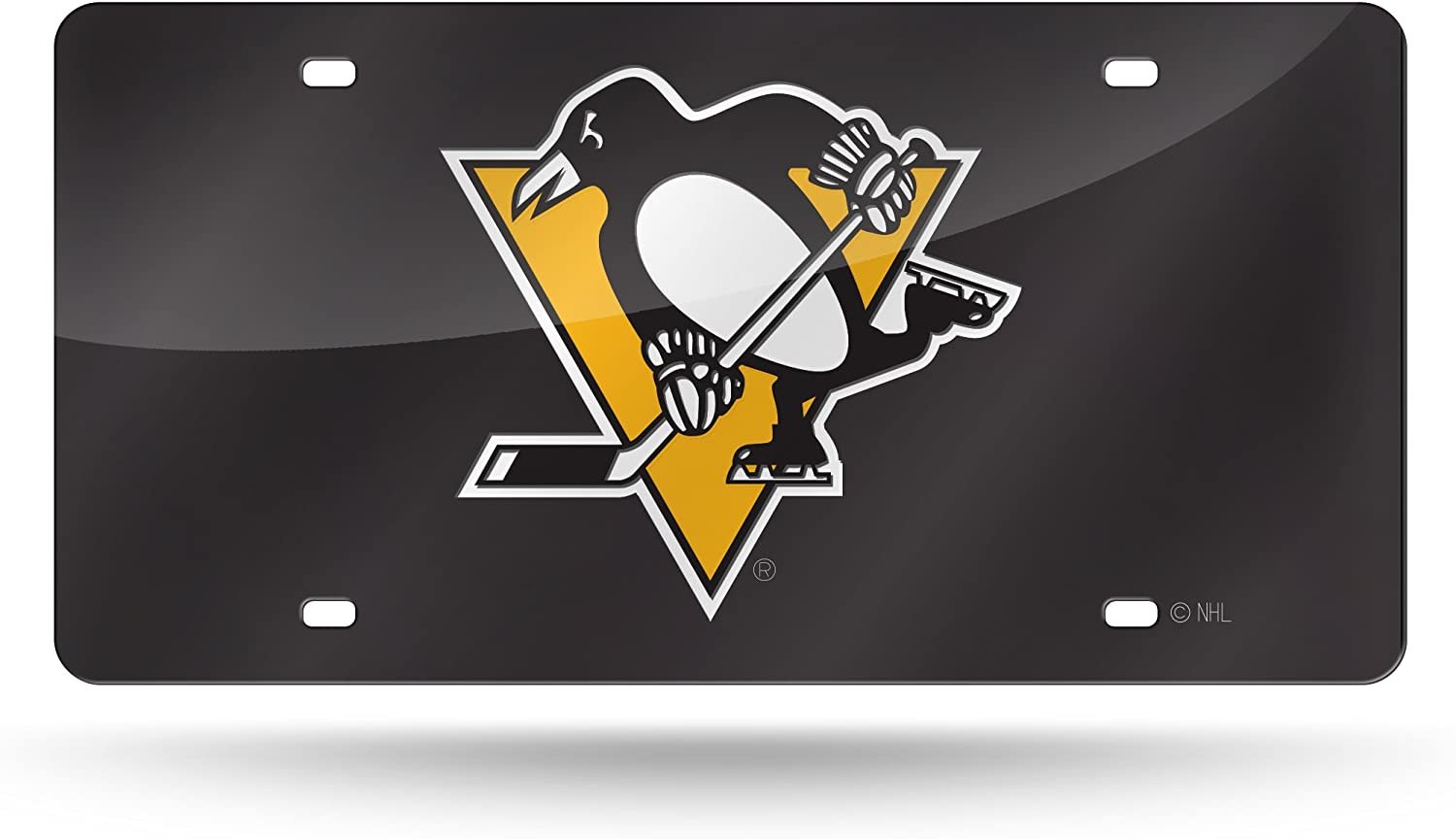 Pittsburgh Penguins Premium Laser Cut Tag License Plate Mirrored Acrylic Inlaid Black Design 6x12 Inch