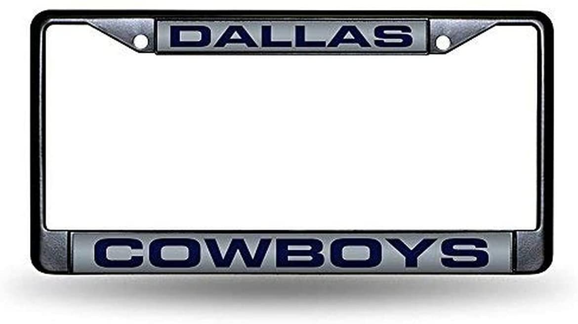 Dallas Cowboys Black Metal License Plate Frame Tag Cover, Laser Acrylic Mirrored Inserts, 12x6 Inch