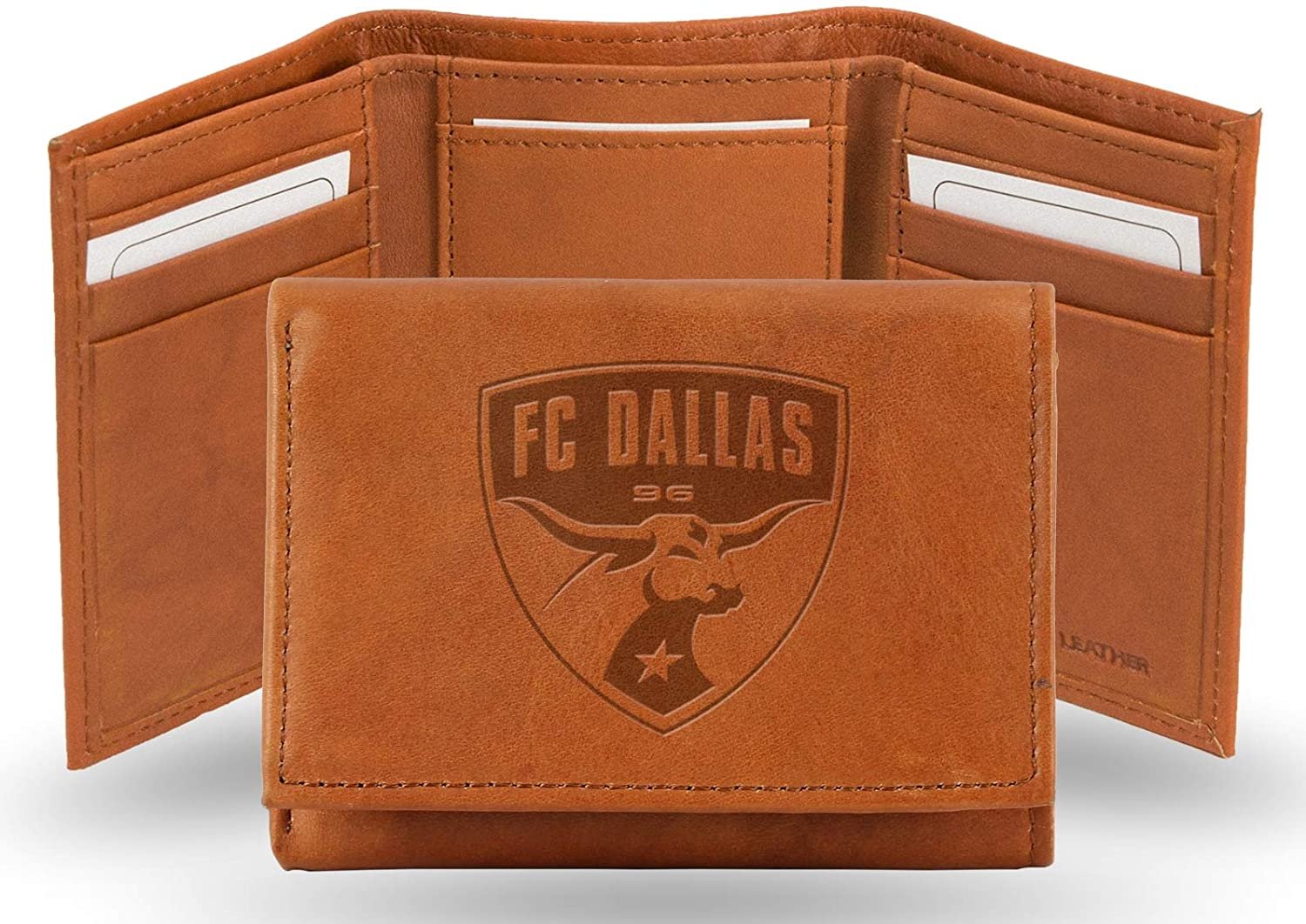 FC Dallas Premium Brown Leather Wallet, Trifold, Embossed Laser Engraved MLS Soccer