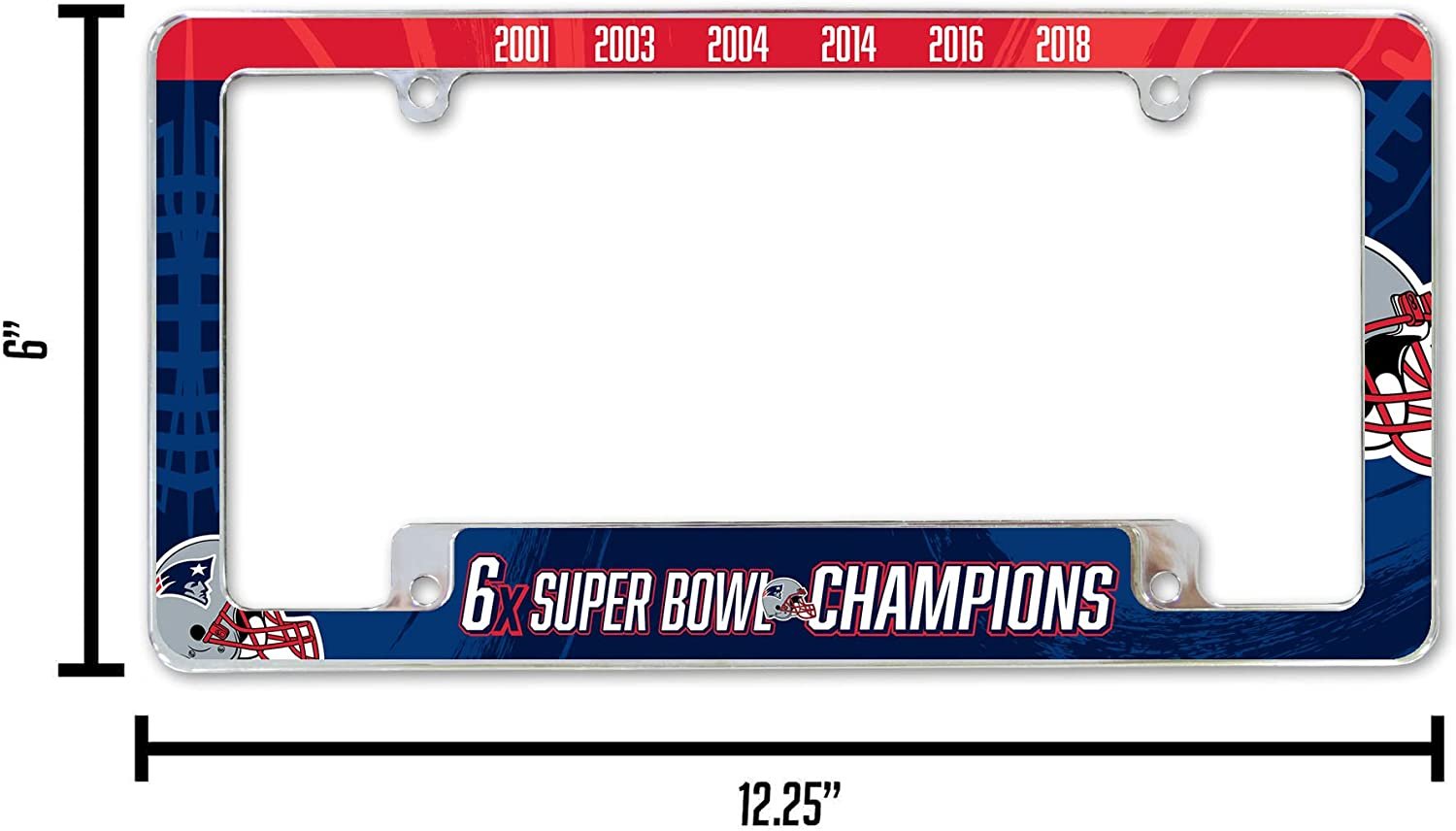 New England Patriots 6-Time 6X Champions Metal License Plate Frame Chrome Tag Cover 6x12 Inch