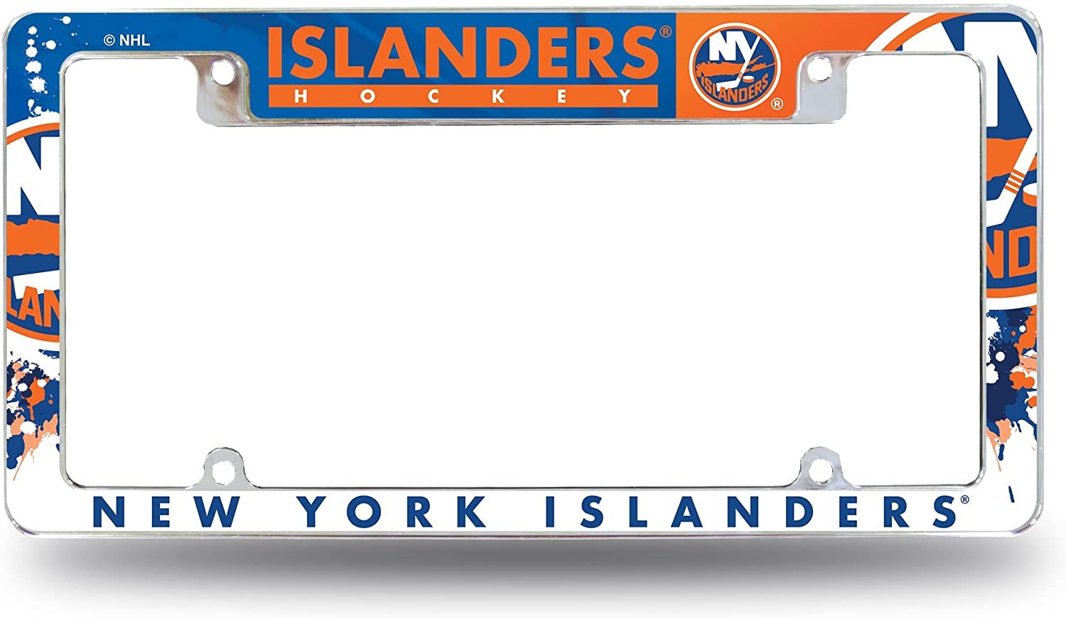 New York Islanders Metal License Plate Frame Chrome Tag Cover, All Over Design, 12x6 Inch