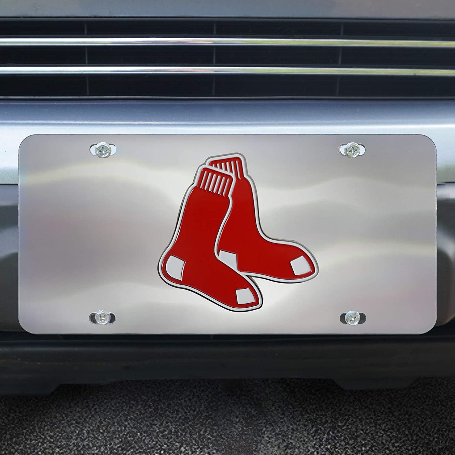 Boston Red Sox License Plate Tag, Premium Stainless Steel Diecast, Chrome, Raised Solid Metal Color Emblem, 6x12 Inch