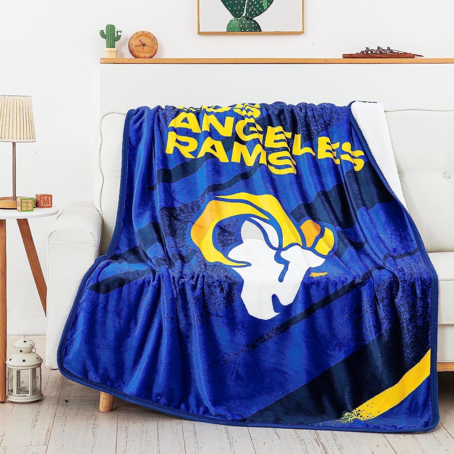 Los Angeles Rams Throw Blanket, Sherpa Raschel Polyester, Silk Touch Style, Velocity Design, 50x60 Inch