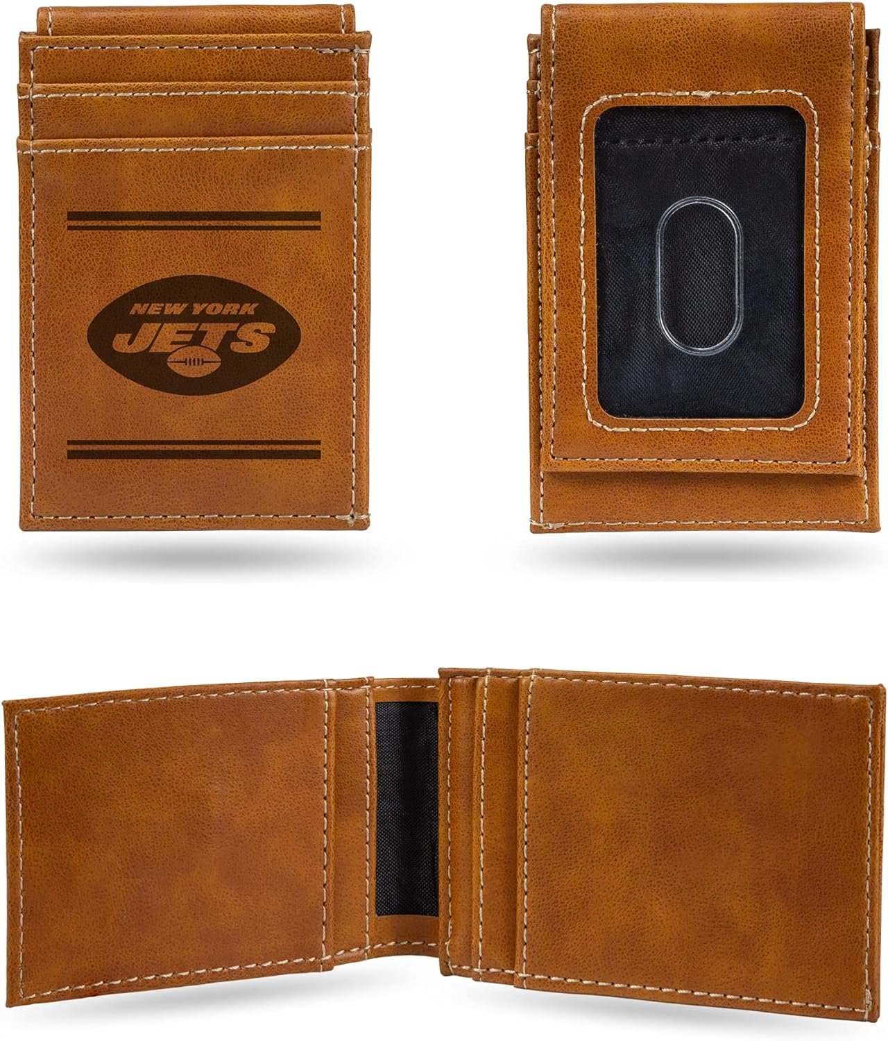 New York Jets Premium Brown Leather Wallet, Front Pocket Magnetic Money Clip, Laser Engraved, Vegan