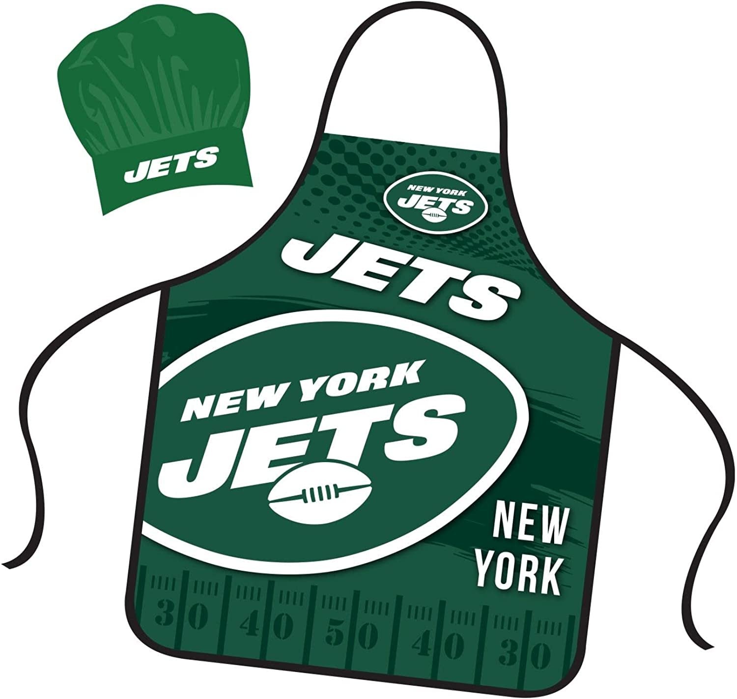 New York Jets Apron Chef Hat Set Full Color Universal Size Tie Back Grilling Tailgate BBQ Cooking Host