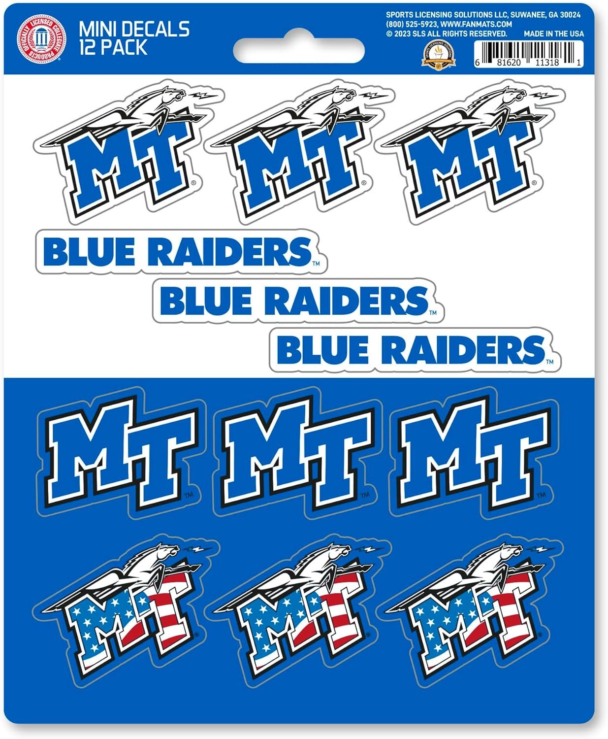 Middle Tennessee State University Blue Raiders 12-Piece Mini Decal Sticker Set, 5x6 Inch Sheet, Gift for football fans for any hard surfaces around home, automotive, personal items