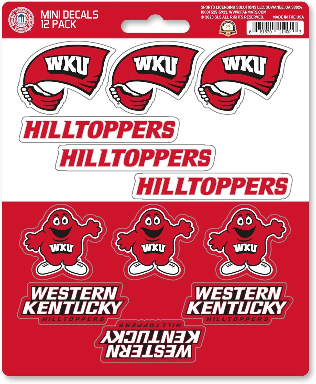 Western Kentucky University Hilltoppers 12-Piece Mini Decal Sticker Set, 5x6 Inch Sheet, Gift for football fans for any hard surfaces around home, automotive, personal items