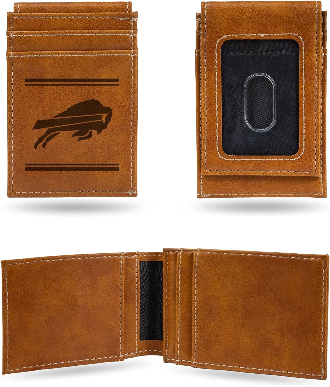 Buffalo Bills Premium Brown Leather Wallet, Front Pocket Magnetic Money Clip, Laser Engraved, Vegan
