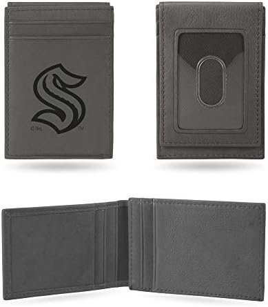 Seattle Kraken Premium Gray Leather Wallet, Front Pocket Magnetic Money Clip, Laser Engraved, Compact/Comfortable/Slim