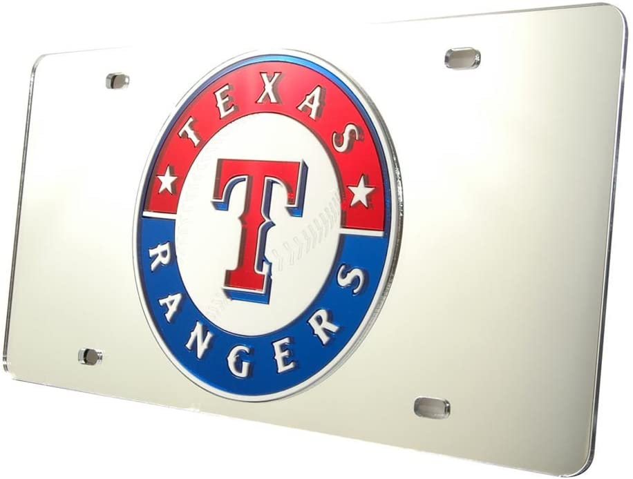 Texas Rangers Premium Laser Cut Tag License Plate, Mirrored Acrylic, Inlaid, 12x6 Inch