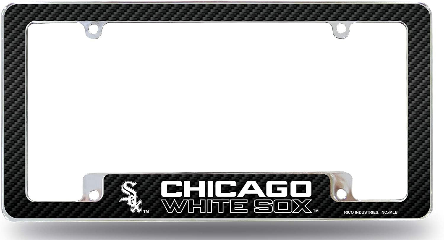 Chicago White Sox Metal License Plate Frame Chrome Tag Cover, Carbon Fiber Design, 12x6 Inch