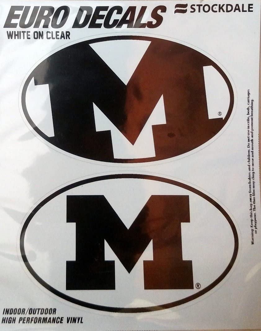 University of Michigan Wolverines 2-Piece White and Clear Euro Decal Sticker Set, 4x2.5 Inch Each