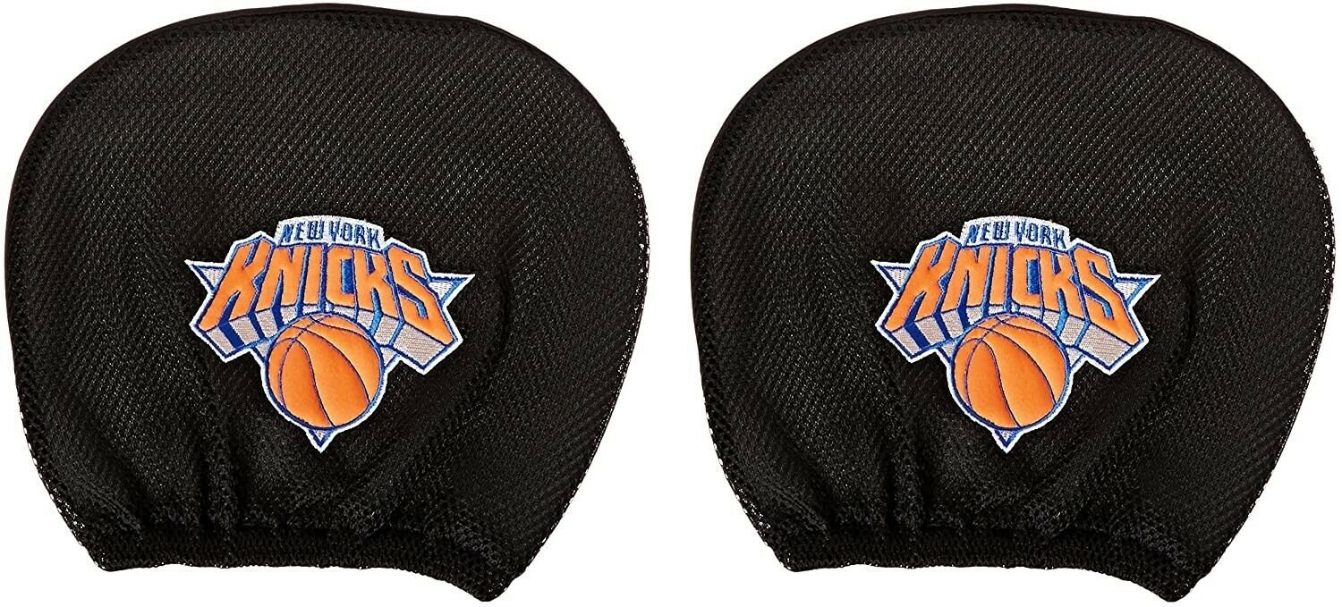 New York Knicks Pair of Premium Auto Head Rest Covers, Embroidered, Black Elastic, 14x10 Inch
