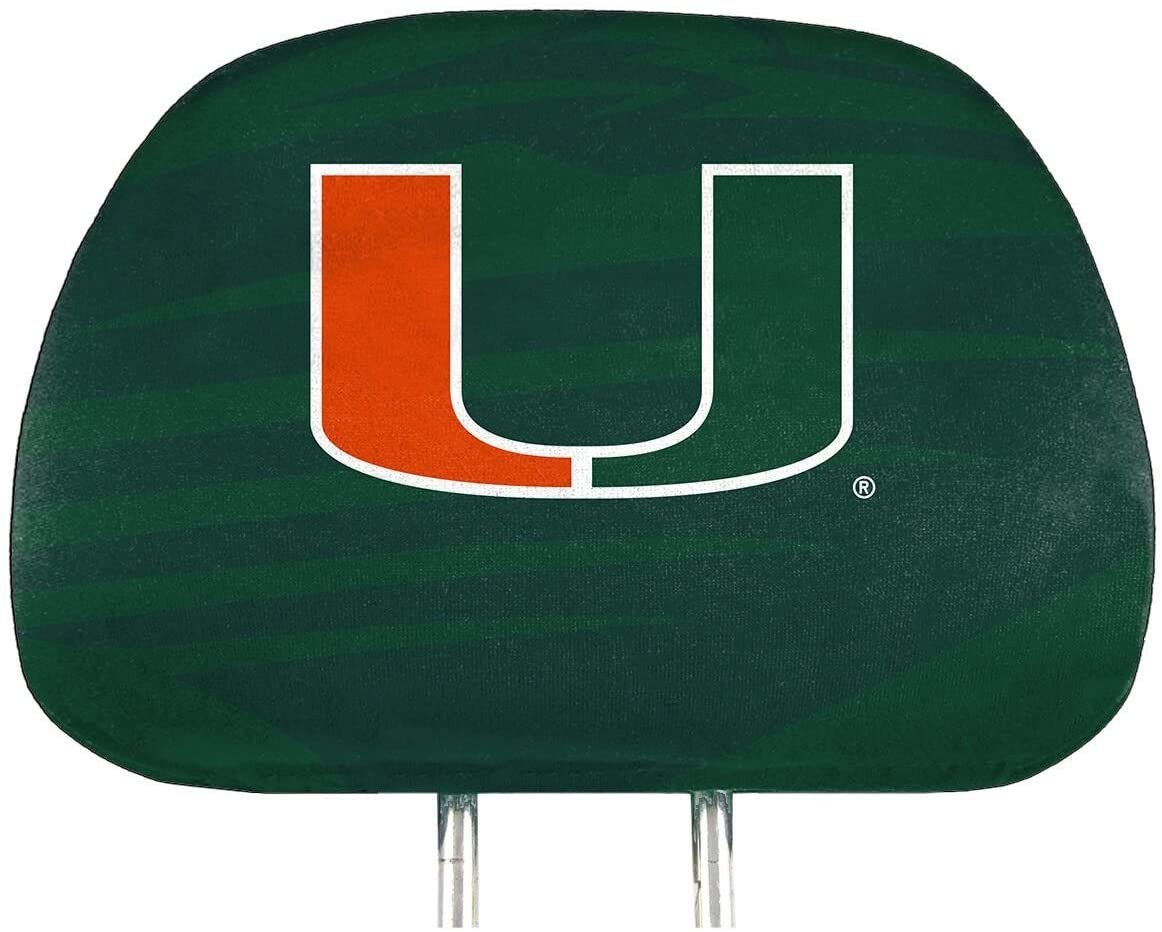 University of Miami Hurricanes Premium Pair of Auto Head Rest Covers, Full Color Printed, Elastic, 10x14 Inch