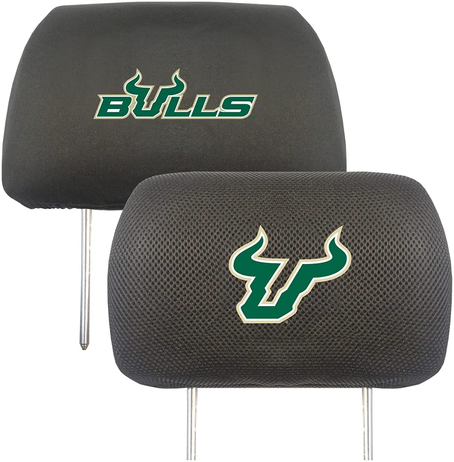 University of South Florida Bulls USF Pair of Premium Auto Head Rest Covers, Embroidered, Black Elastic, 14x10 Inch