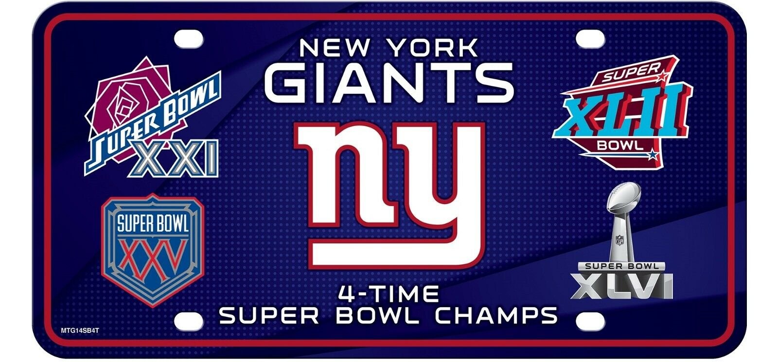 New York Giants Metal Auto Tag License Plate, 4-Time Super Bowl Champions, 6x12 Inch