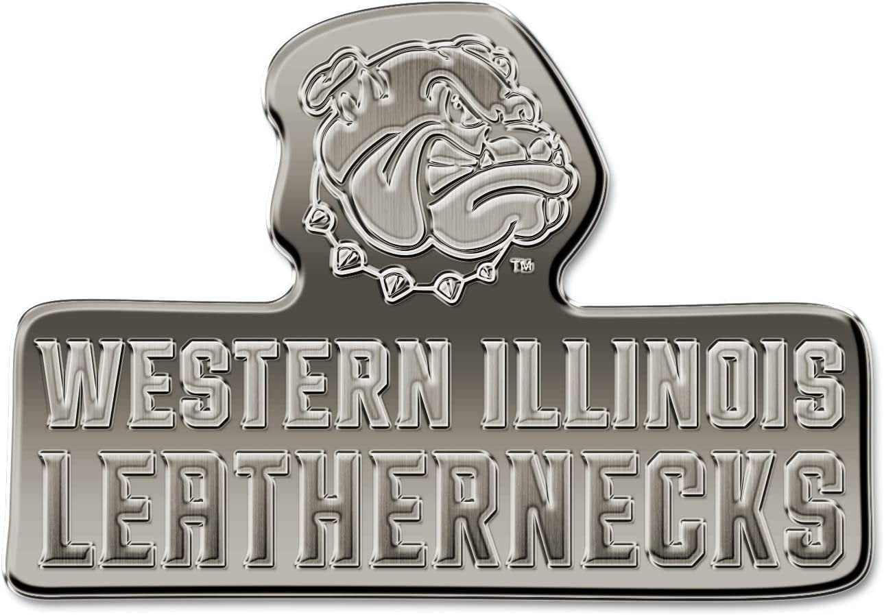 Western Illinois University Leathernecks Solid Metal Auto Emblem, Antique Nickel Finish, Raised, Die Cut, 3.5 Inch, Adhesive Tape Backing