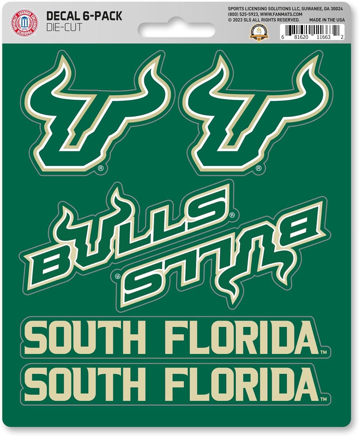 University of South Florida USF Bulls 6-Piece Decal Sticker Set, 5x6 Inch Sheet, Gift for football fans for any hard surfaces around home, automotive, personal items