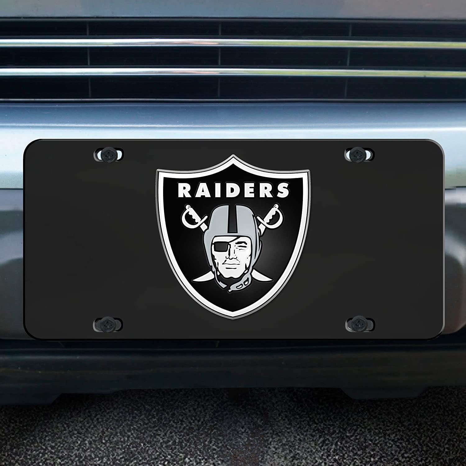 Las Vegas Raiders License Plate Tag, Premium Stainless Steel Diecast, Black, Raised Solid Metal Color Emblem, 6x12 Inch