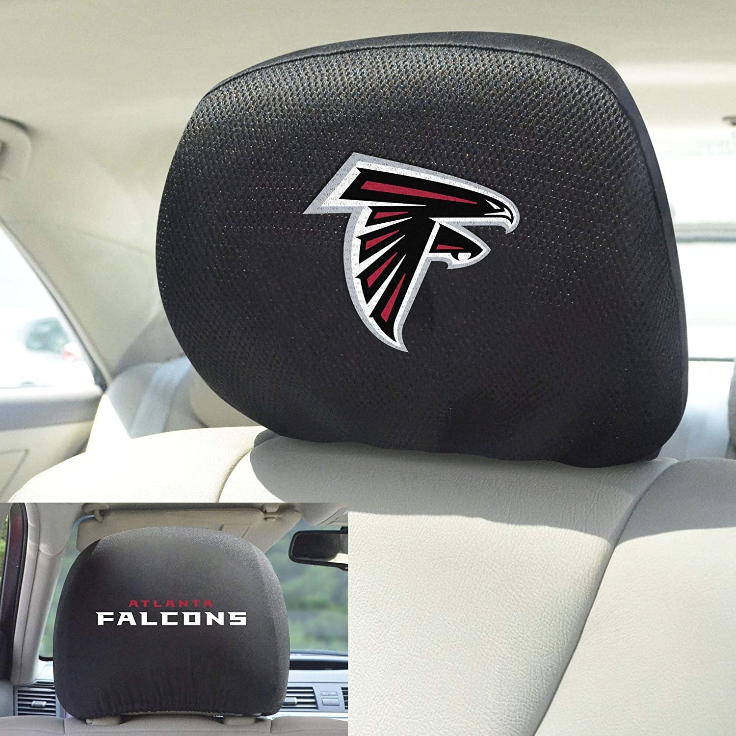 Atlanta Falcons Pair of Premium Auto Head Rest Covers, Embroidered, Black Elastic, 14x10 Inch