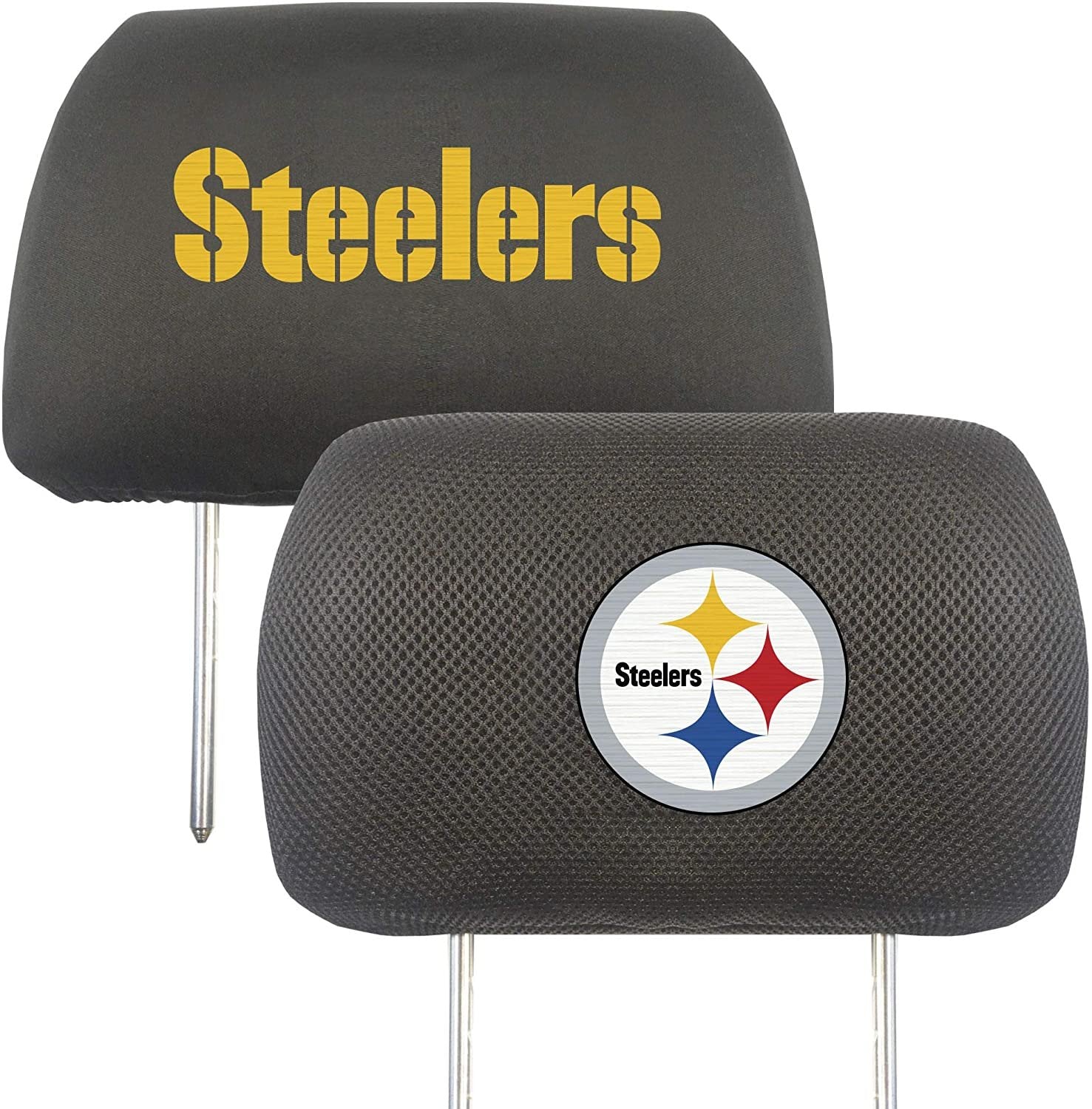 Pittsburgh Steelers Pair of Premium Auto Head Rest Covers, Embroidered, Black Elastic, 14x10 Inch
