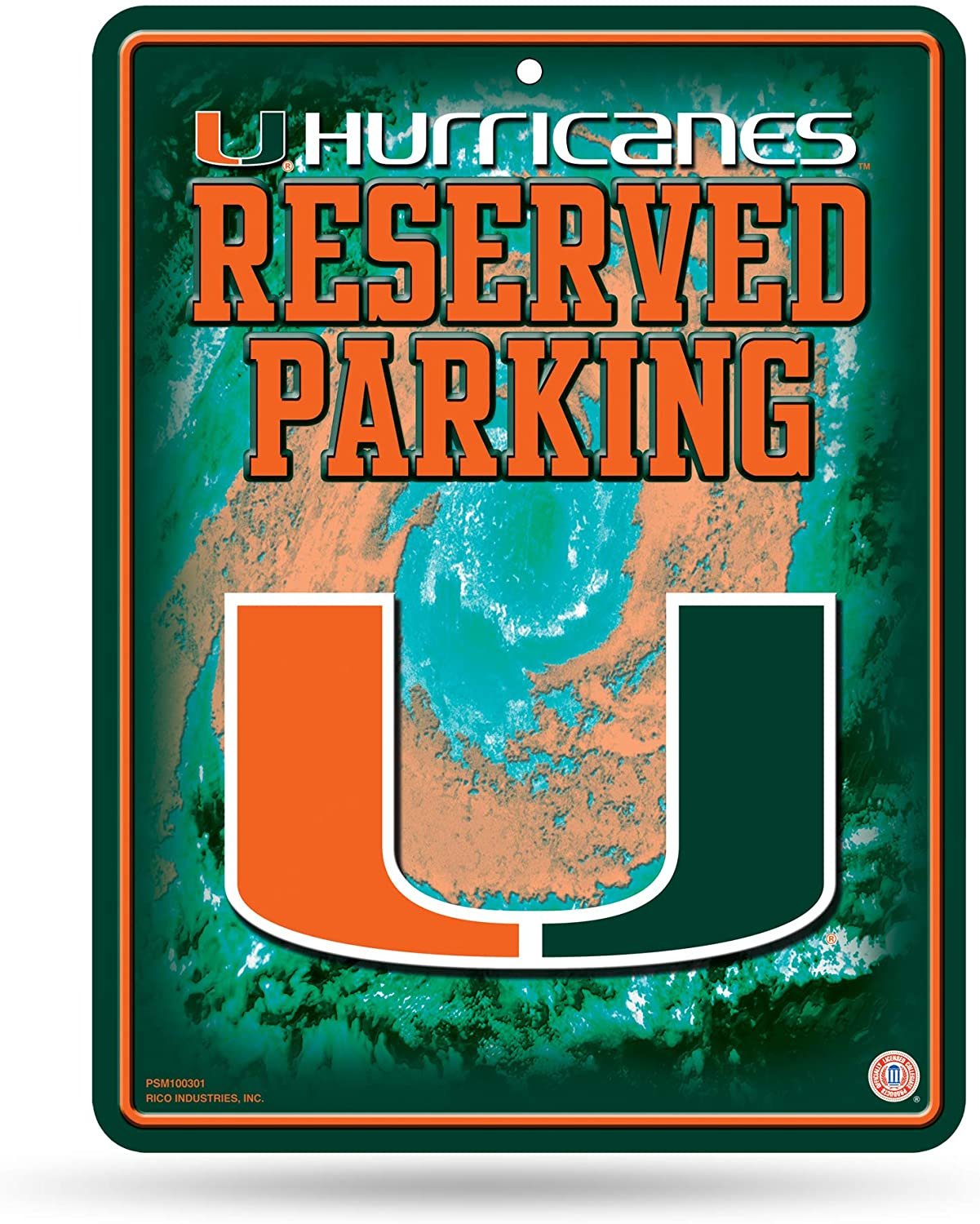 NCAA Miami Hurricanes 8-Inch by 11-Inch Metal Parking Sign Décor