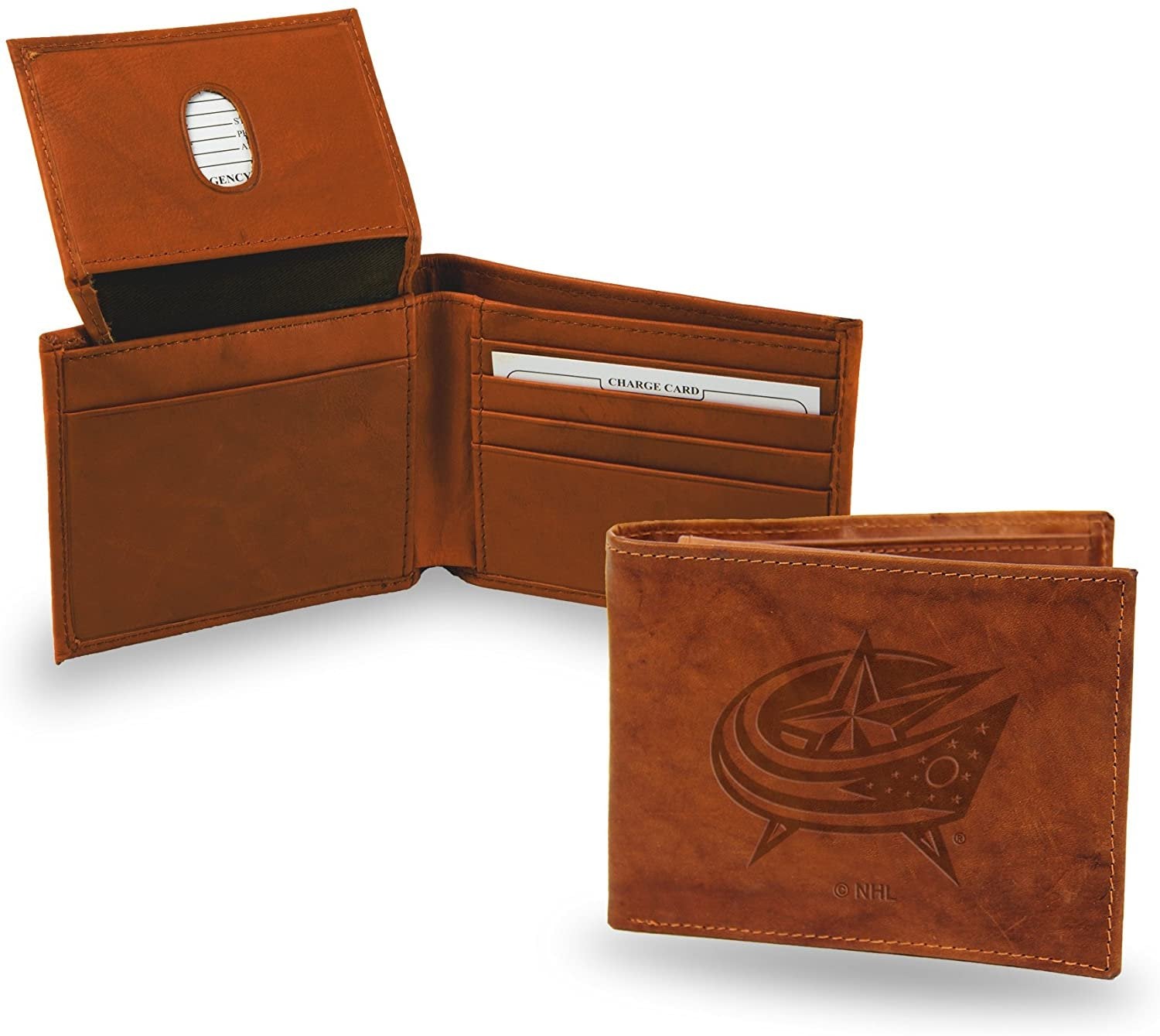 Columbus Blue Jackets Premium Brown Leather Wallet, Bifold Billfold, Embossed Laser Engraved