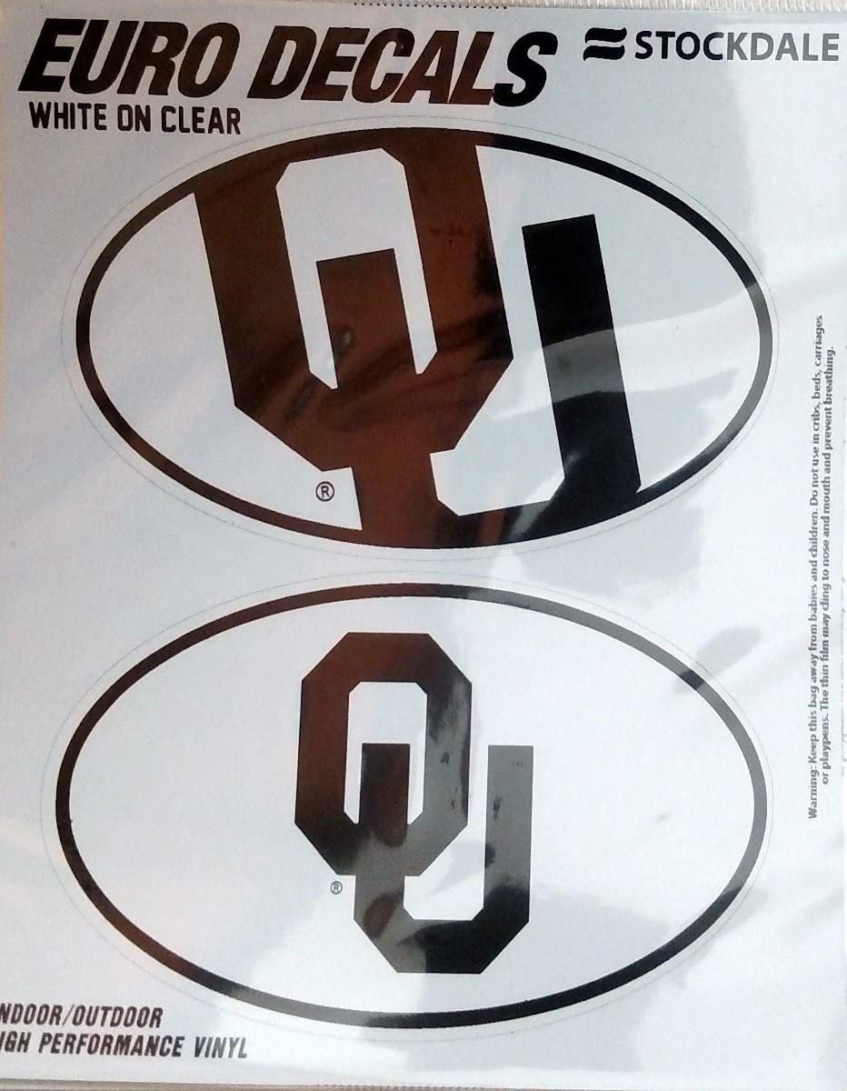 University of Oklahoma Sooners 2-Piece Euro Decal Sticker Set, White and Clear Color, 4x2.5 Inch Each