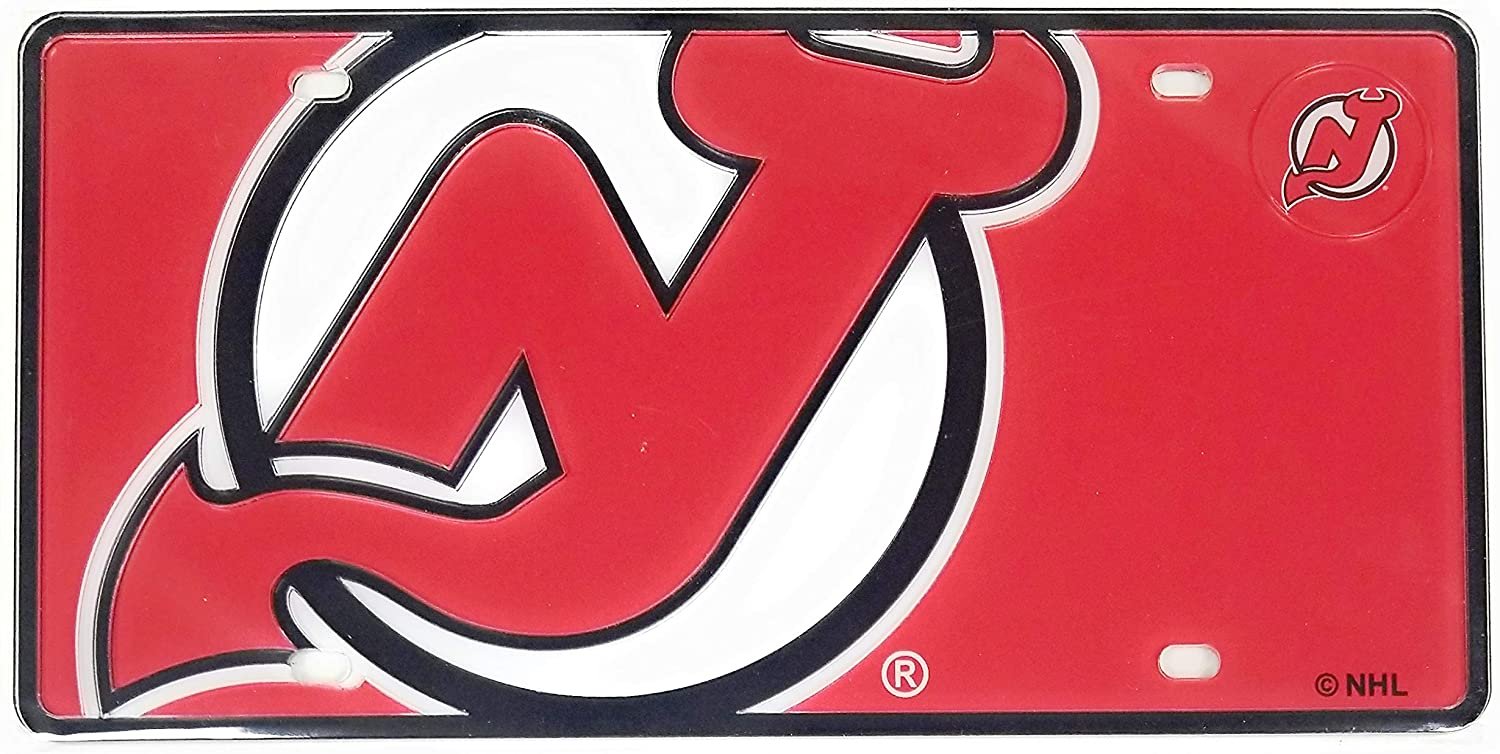 New Jersey Devils Premium Laser Cut Tag License Plate, Mega Logo, Mirrored Acrylic Inlaid, 12x6 Inch