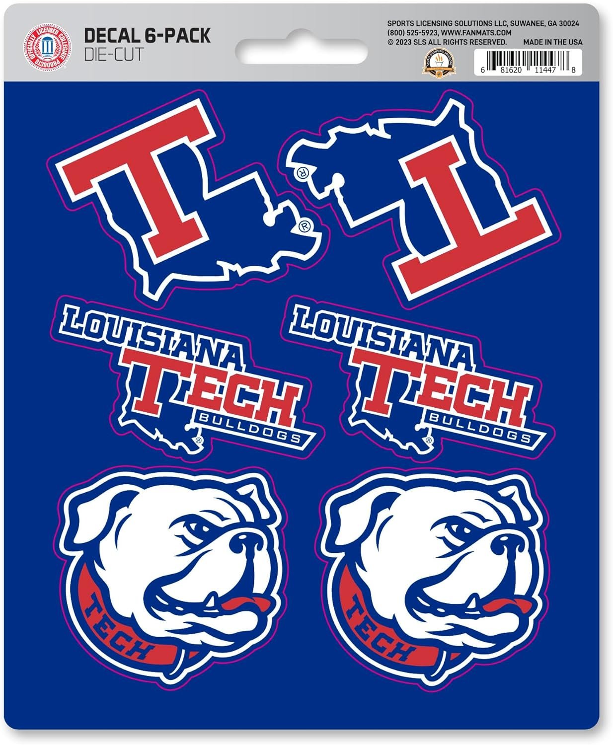 Louisiana Tech University Bulldogs 6-Piece Decal Sticker Set, 5x6 Inch Sheet, Gift for football fans for any hard surfaces around home, automotive, personal items