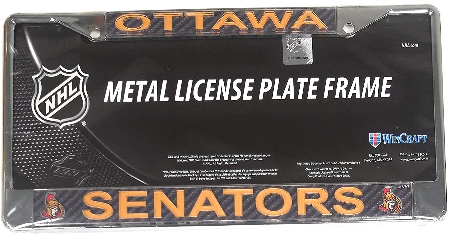 Ottawa Senators Metal License Plate Frame Chrome Tag Cover, Laser Acrylic Mirrored Inserts, Carbon Fiber Design, 12x6 Inch