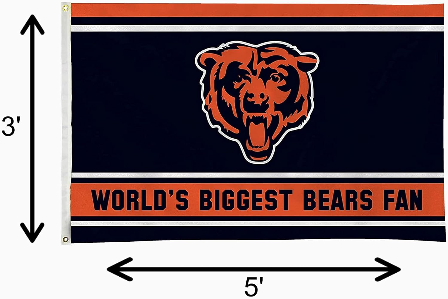 Chicago Bears 3x5 Feet Flag Banner, World's Biggest Fan, Metal Grommets, Single Sided, Indoor or Outdoor Use
