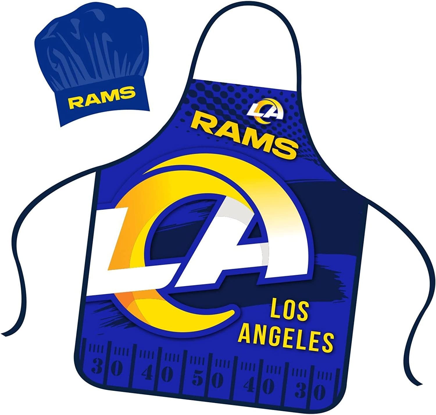 Los Angeles Rams Apron Chef Hat Set Full Color Universal Size Tie Back Grilling Tailgate BBQ Cooking Host