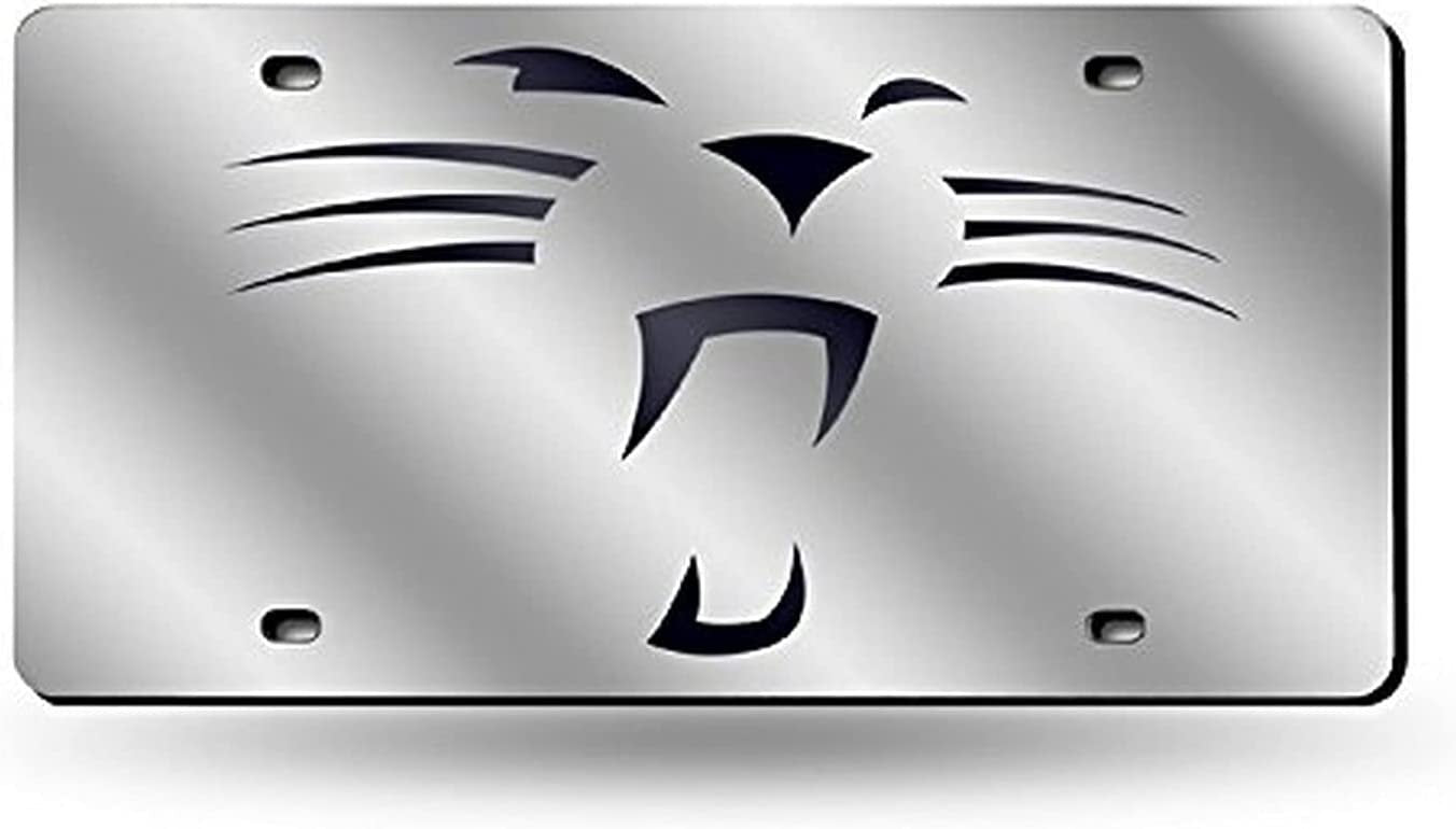 Carolina Panthers Premium Laser Cut Tag License Plate, Whiskers Logo, Mirrored Acrylic Inlaid, 12x6 Inch