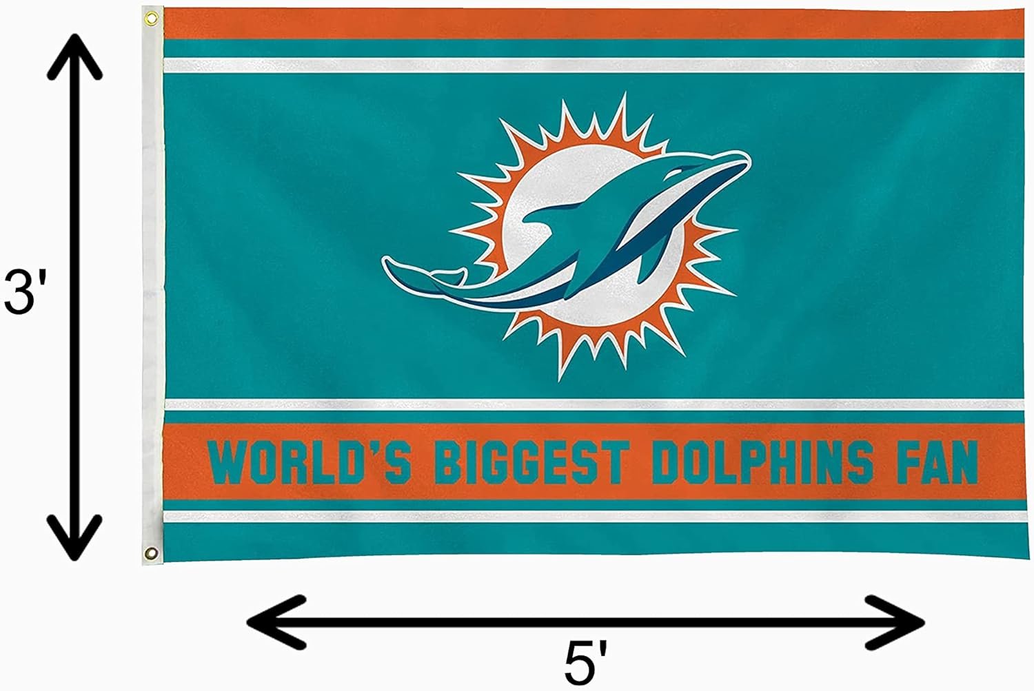Miami Dolphins 3x5 Feet Flag Banner, World's Biggest Fan, Metal Grommets, Single Sided, Indoor or Outdoor Use