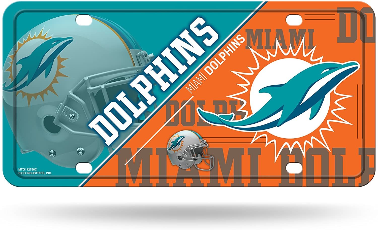 Miami Dolphins Metal Auto Tag License Plate, Split Design, 6x12 Inch
