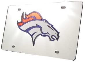 Denver Broncos Premium Laser Cut Tag License Plate, Silver, Mirrored Acrylic Inlaid, 12x6 Inch