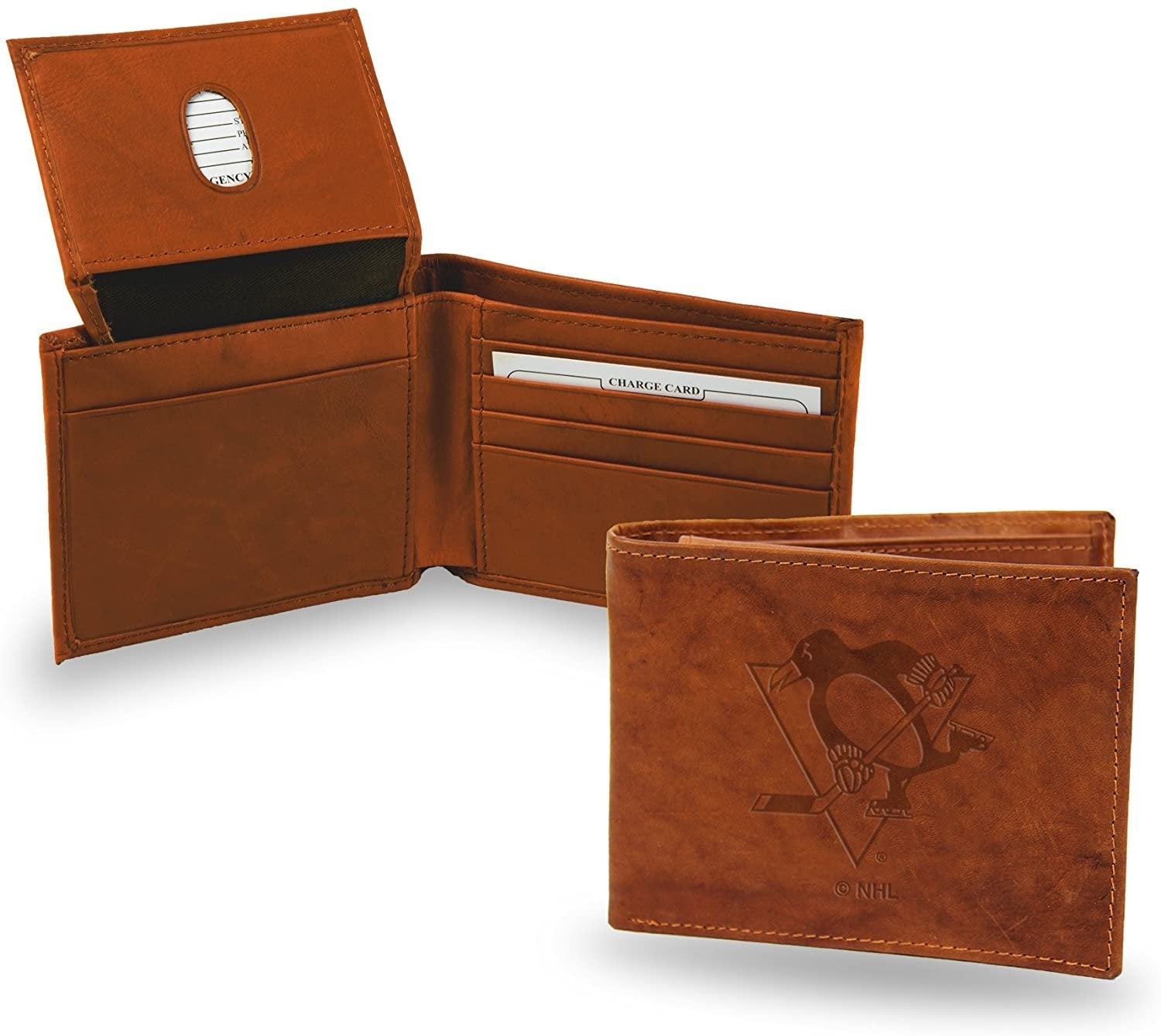 Pittsburgh Penguins Premium Brown Leather Wallet, Bifold Billfold, Embossed Laser Engraved