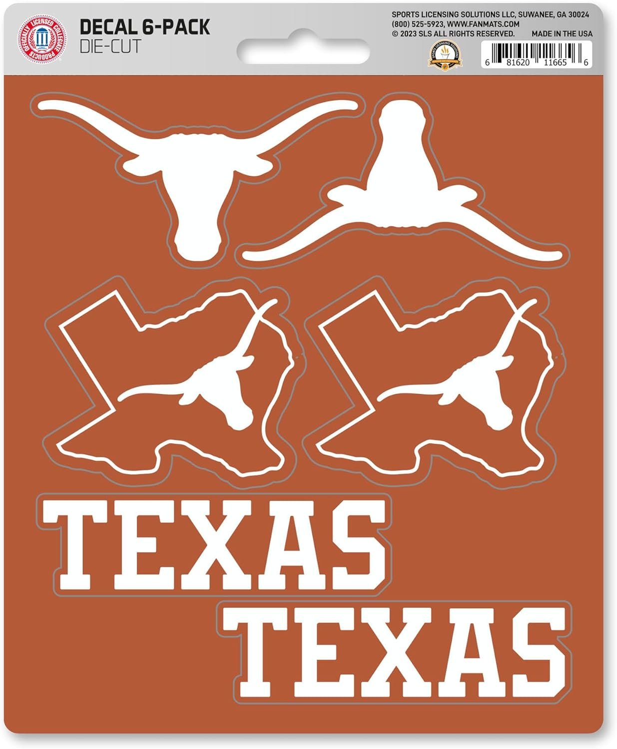 University of Texas Longhorns 6-Piece Decal Sticker Set, 5x6 Inch Sheet, Gift for football fans for any hard surfaces around home, automotive, personal items