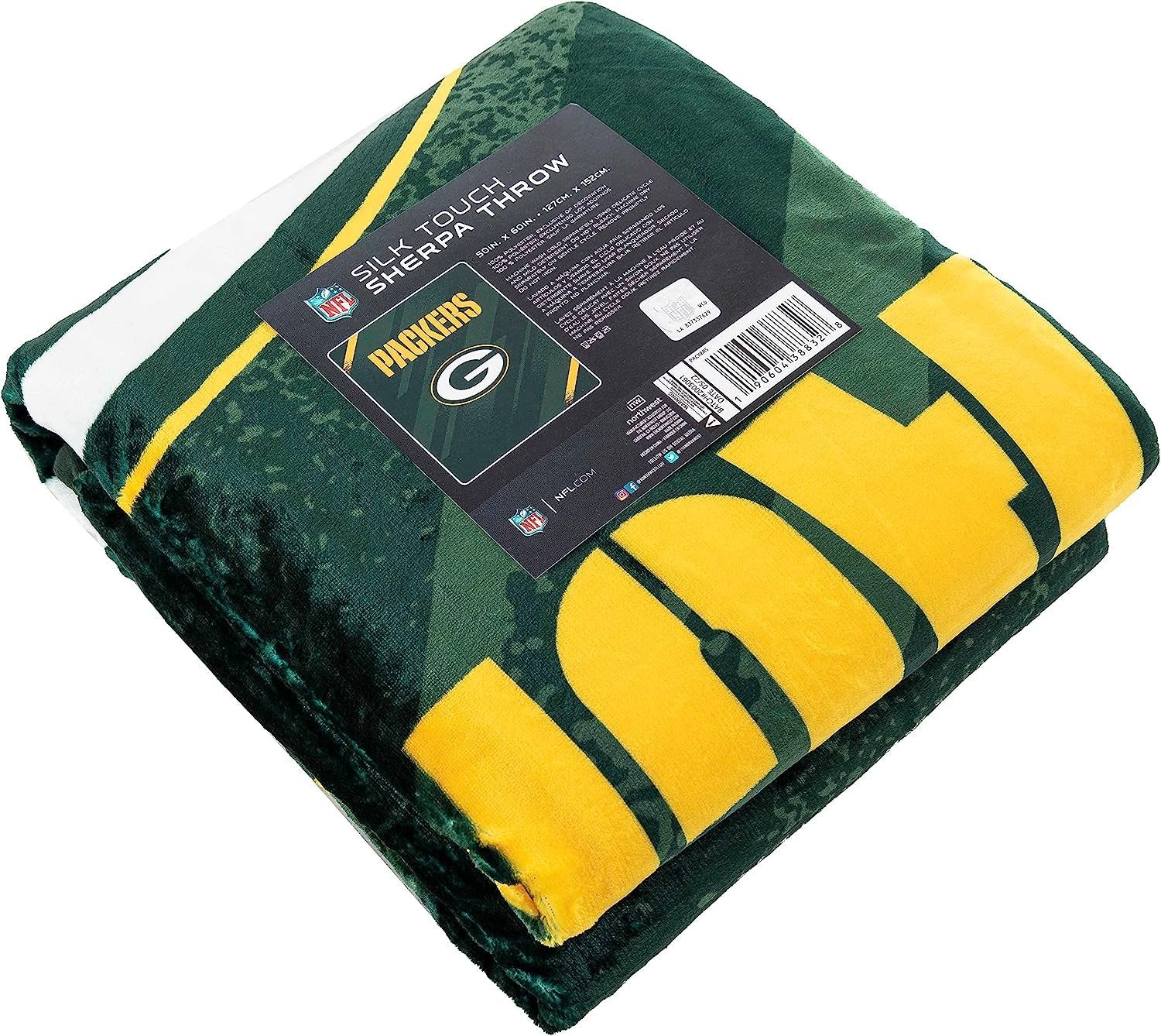 Green Bay Packers Throw Blanket, Sherpa Raschel Polyester, Silk Touch Style, Velocity Design, 50x60 Inch