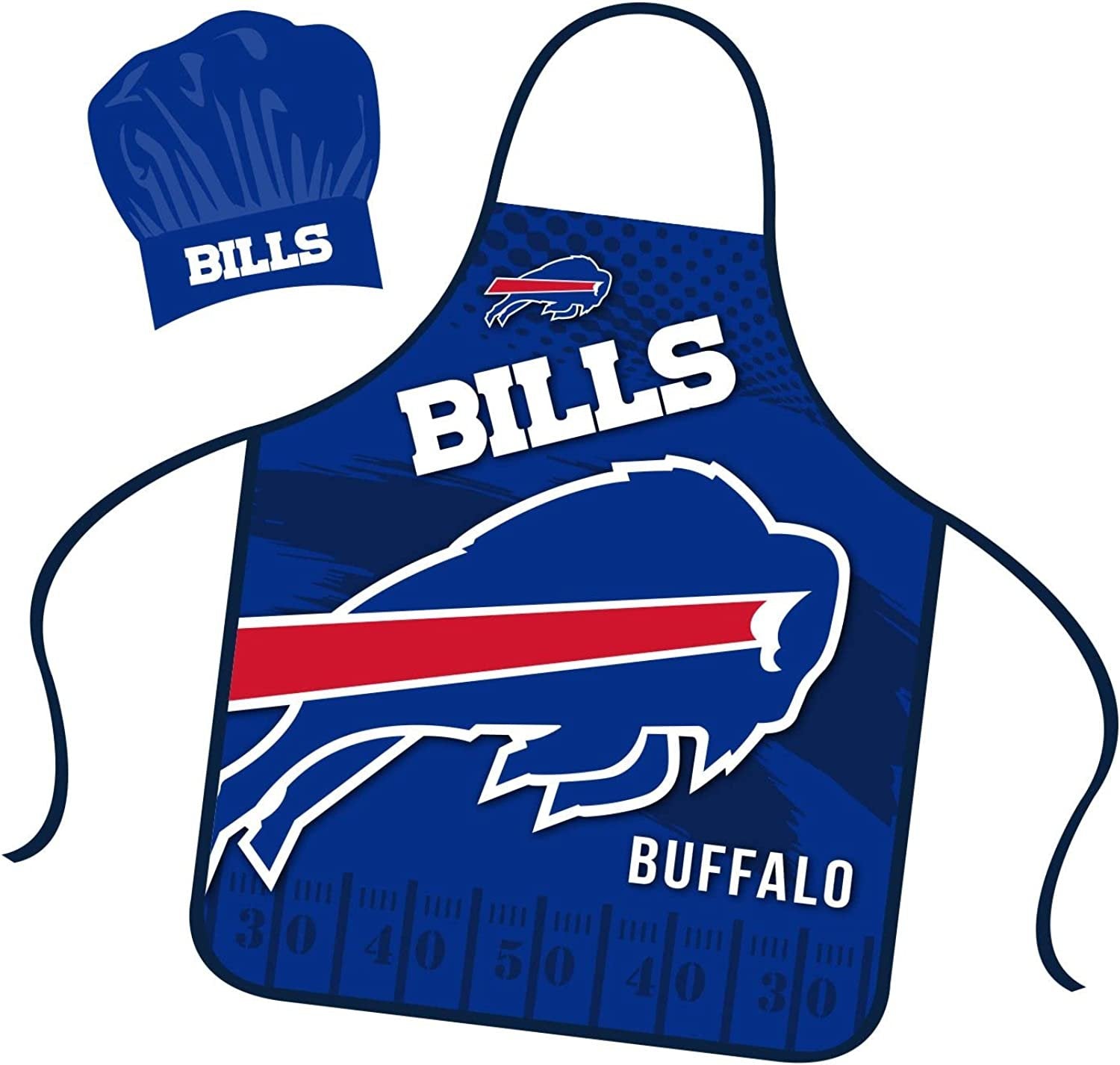 Buffalo Bills Apron Chef Hat Set Full Color Universal Size Tie Back Grilling Tailgate BBQ Cooking Host